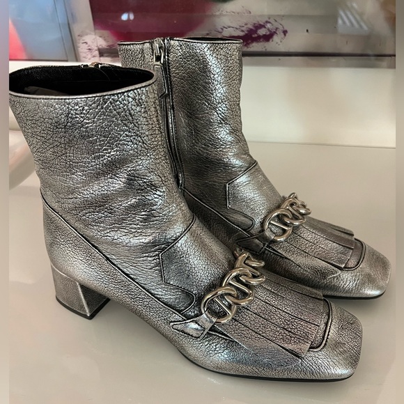 Prada Metallic Silver Heeled Boots with Chain Accent - Picture 1 of 10